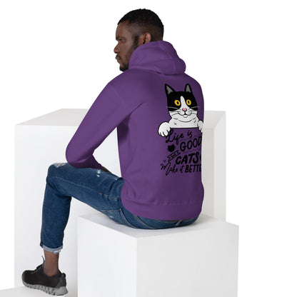 Unisex premium cat hoodie with cartoon black-and-white cat and “Life is Better With Cats” quote – Hipyfi Clothes & Design. purple-back