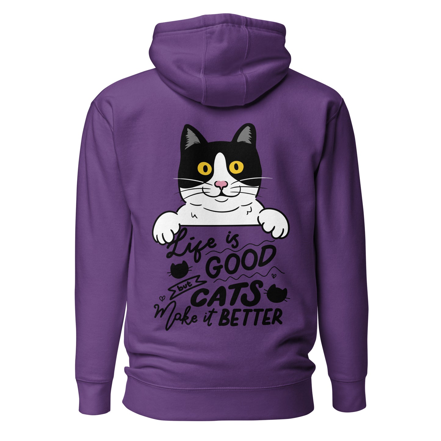 Unisex premium cat hoodie with cartoon black-and-white cat and “Life is Better With Cats” quote – Hipyfi Clothes & Design. purple-back-2