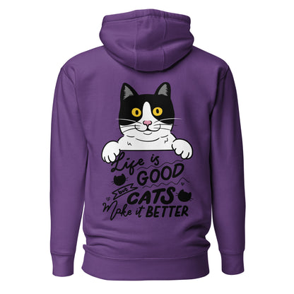Unisex premium cat hoodie with cartoon black-and-white cat and “Life is Better With Cats” quote – Hipyfi Clothes & Design. purple-back-2