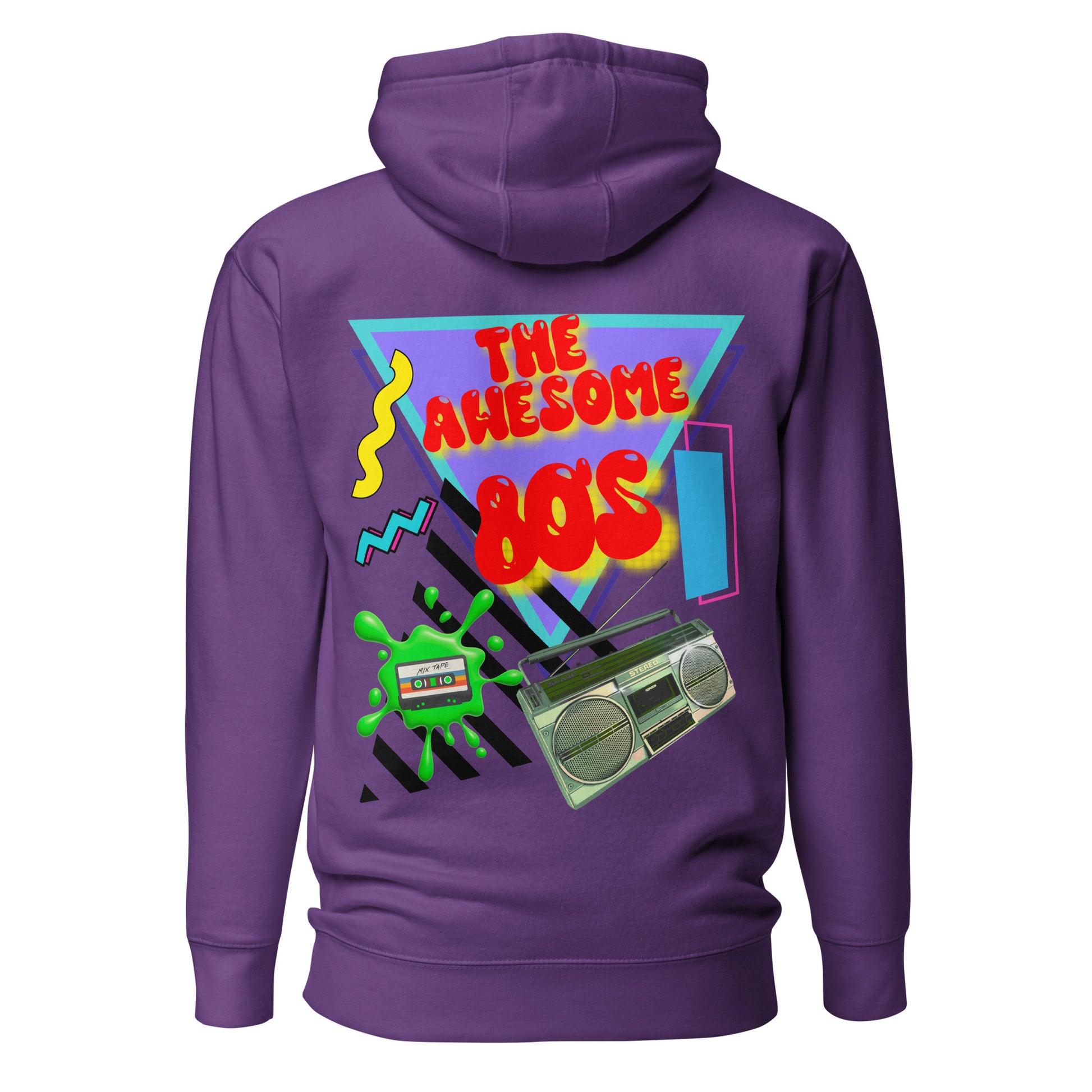 Hipyfi Premium 80s Neon Graphic Hoodie – Unisex Retro Pop Culture Design, Vibrant 80s-inspired geometric graphics. purple-back-2