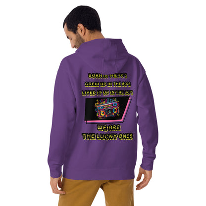 Retro graphic unisex hoodie with 70s 80s 90s boombox design by Hipyfi – vintage streetwear style. purple-back