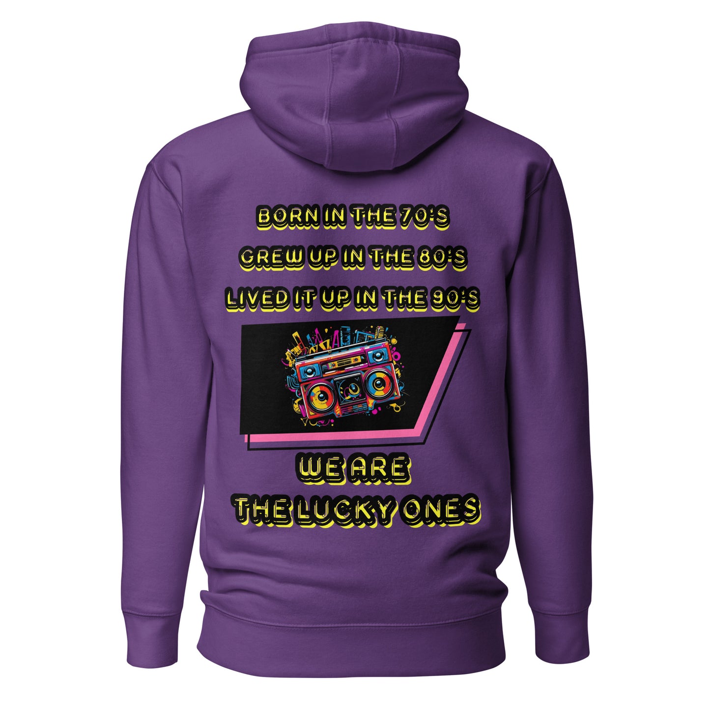 Retro graphic unisex hoodie with 70s 80s 90s boombox design by Hipyfi – vintage streetwear style. purple-back-2
