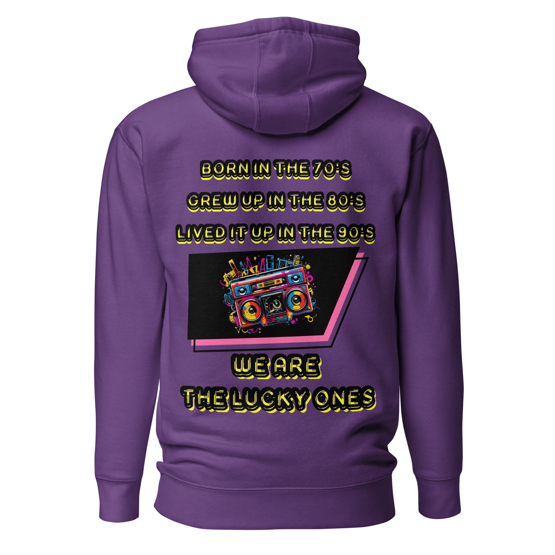Retro graphic unisex hoodie with 70s 80s 90s boombox design by Hipyfi – vintage streetwear style. purple-back-2