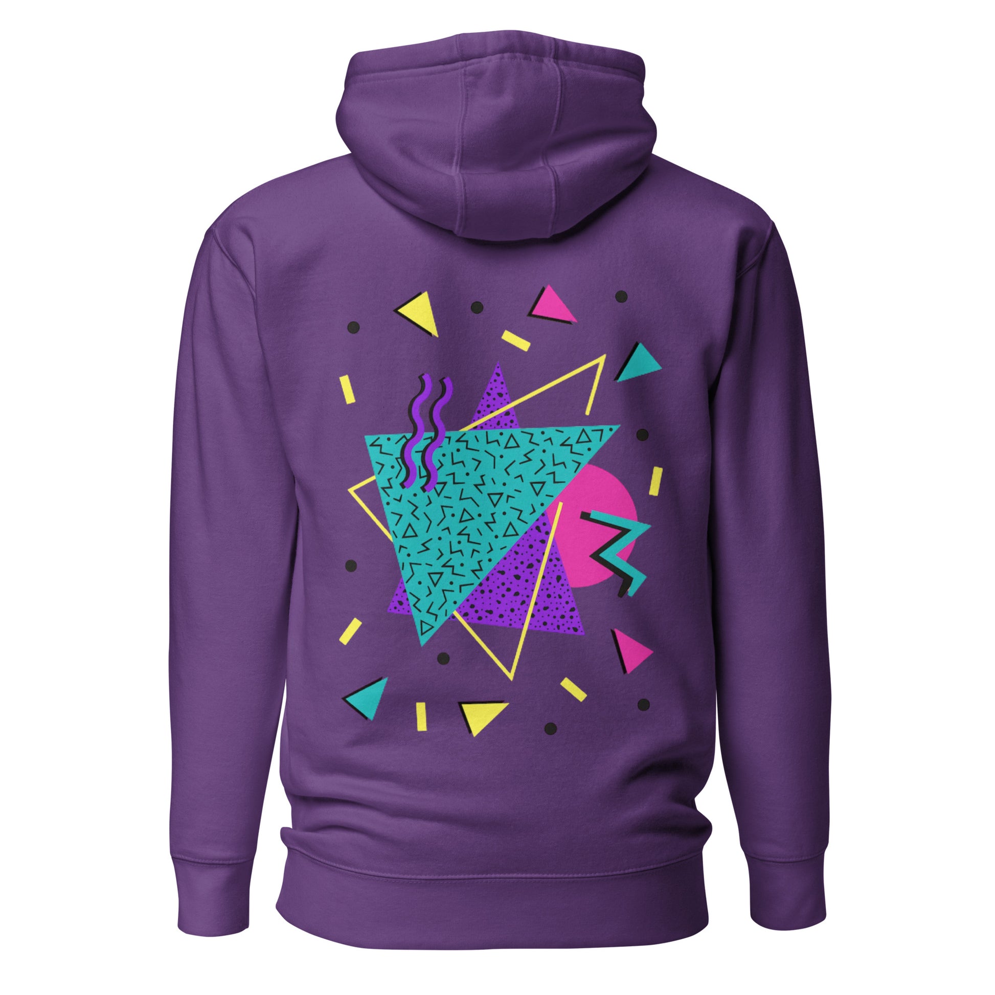 Retro Pop Memphis Hoodie with colorful geometric abstract design – unisex streetwear by Hipyfi Clothes & Design. purple-back-2