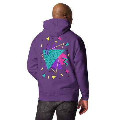 Retro Pop Memphis Hoodie with colorful geometric abstract design – unisex streetwear by Hipyfi Clothes & Design. purple-back