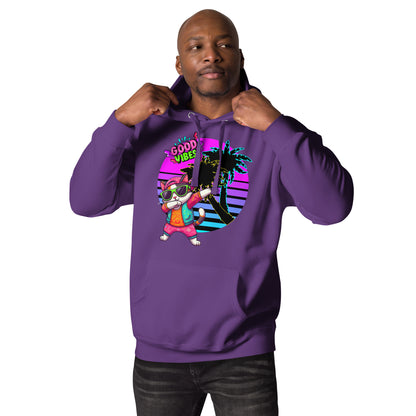 Unisex retro neon graphic hoodie with dabbing cat and Good Vibes text – Hipyfi streetwear. purple-front