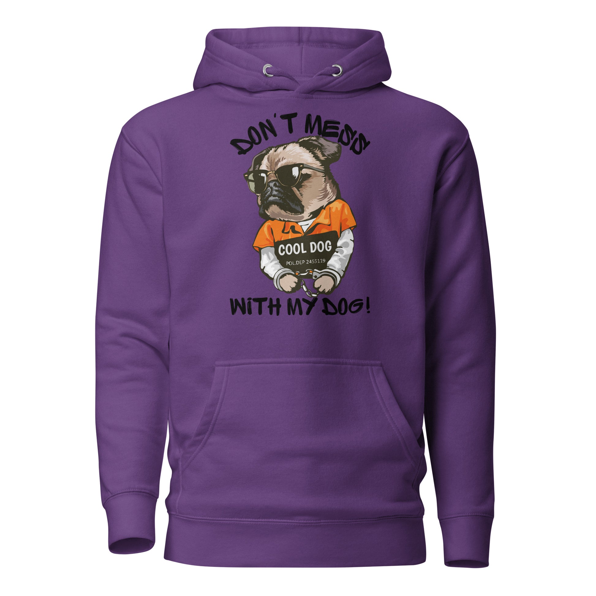 Funny pug mugshot graphic on unisex streetwear hoodie – Cool Dog design by Hipyfi Clothes & Design. purple-front-2