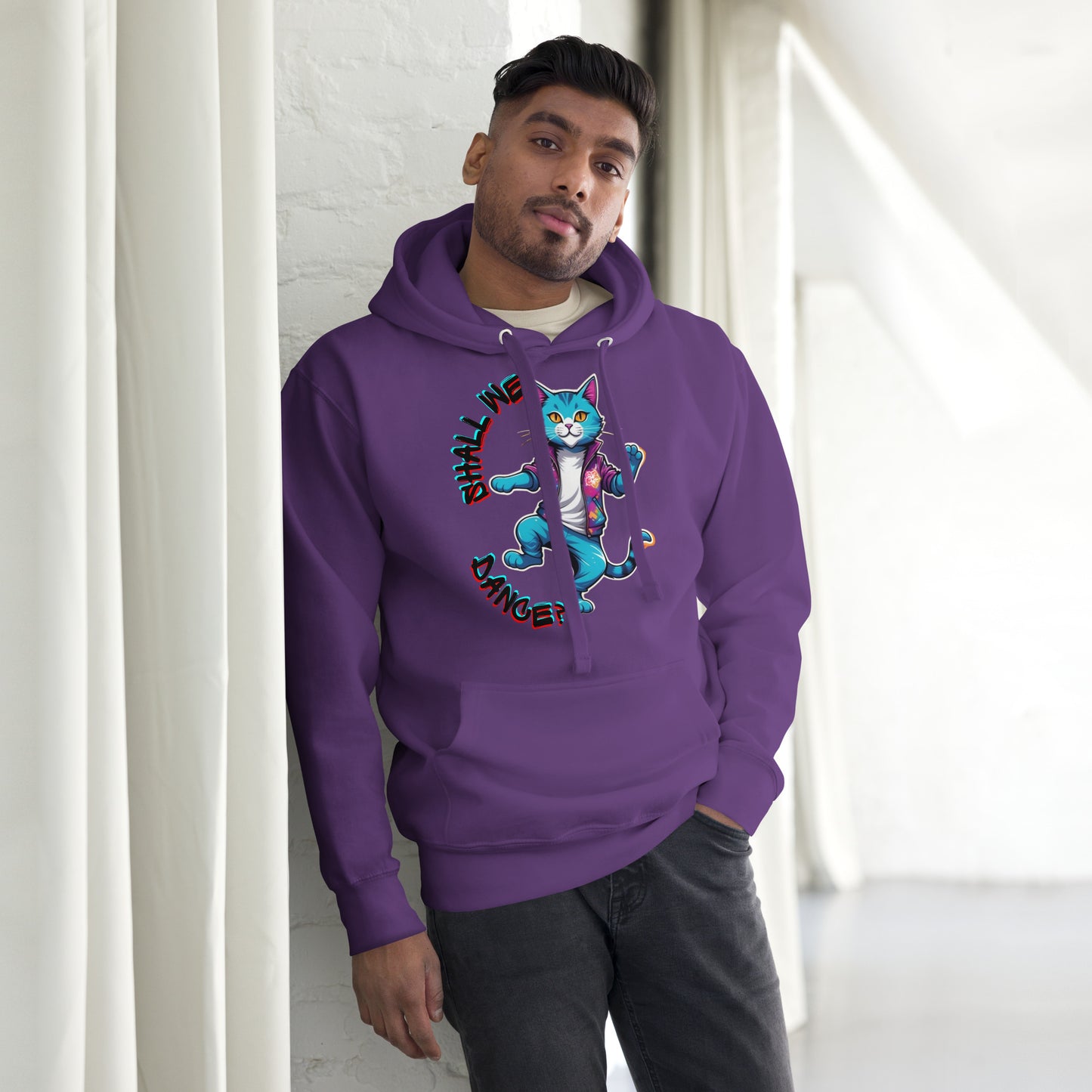 Hipyfi Unisex Premium Hoodie with Vibrant Dance Cat Graphic - Streetwear Style, Soft Cotton Blend, Front Pouch Pocket and Cozy Hood. purple-front