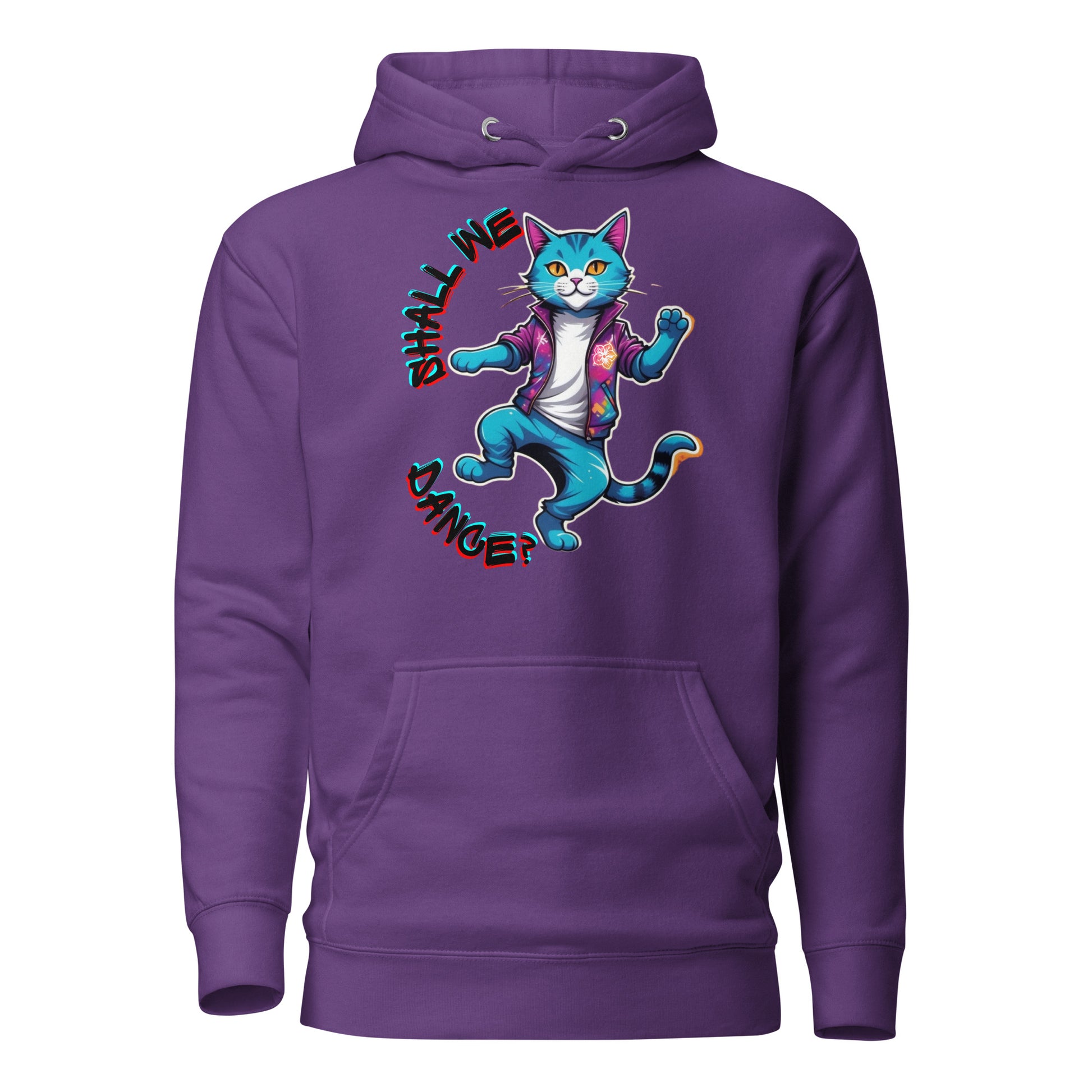 Hipyfi Unisex Premium Hoodie with Vibrant Dance Cat Graphic - Streetwear Style, Soft Cotton Blend, Front Pouch Pocket and Cozy Hood. purple-front-2