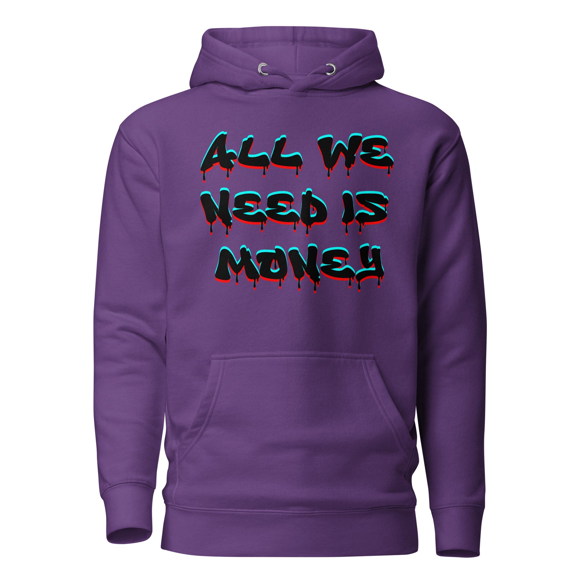 Unisex graffiti hoodie with 3D dripping text – ALL WE NEED IS MONEY design by Hipyfi Clothes & Design. purple-front-2
