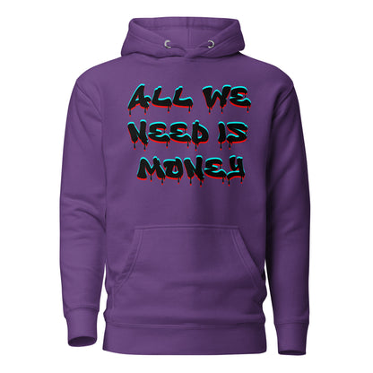 Unisex graffiti hoodie with 3D dripping text – ALL WE NEED IS MONEY design by Hipyfi Clothes & Design. purple-front-2