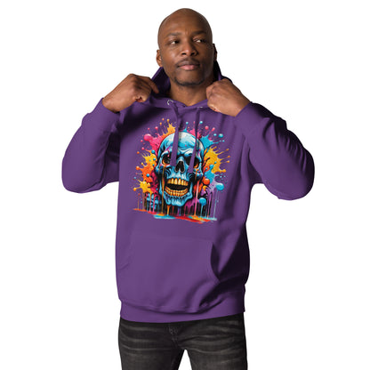 Blue Skull Splash Unisex Streetwear Hoodie by Hipyfi – Digital Art and Graffiti Style. purple-front