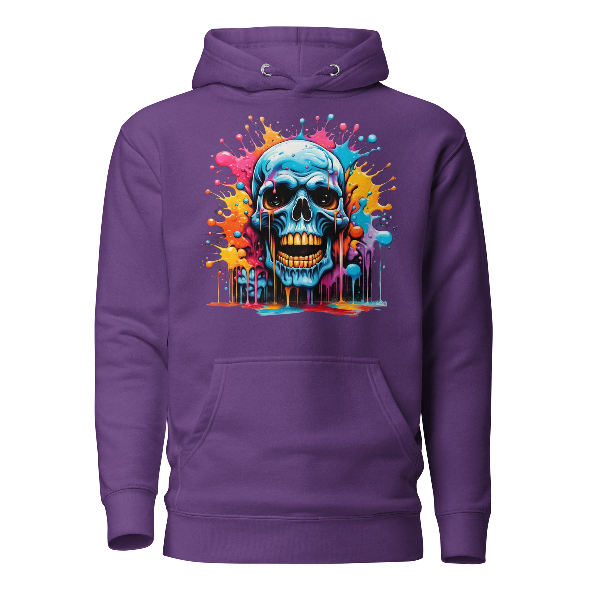 Blue Skull Splash Unisex Streetwear Hoodie by Hipyfi – Digital Art and Graffiti Style. purple-front-2