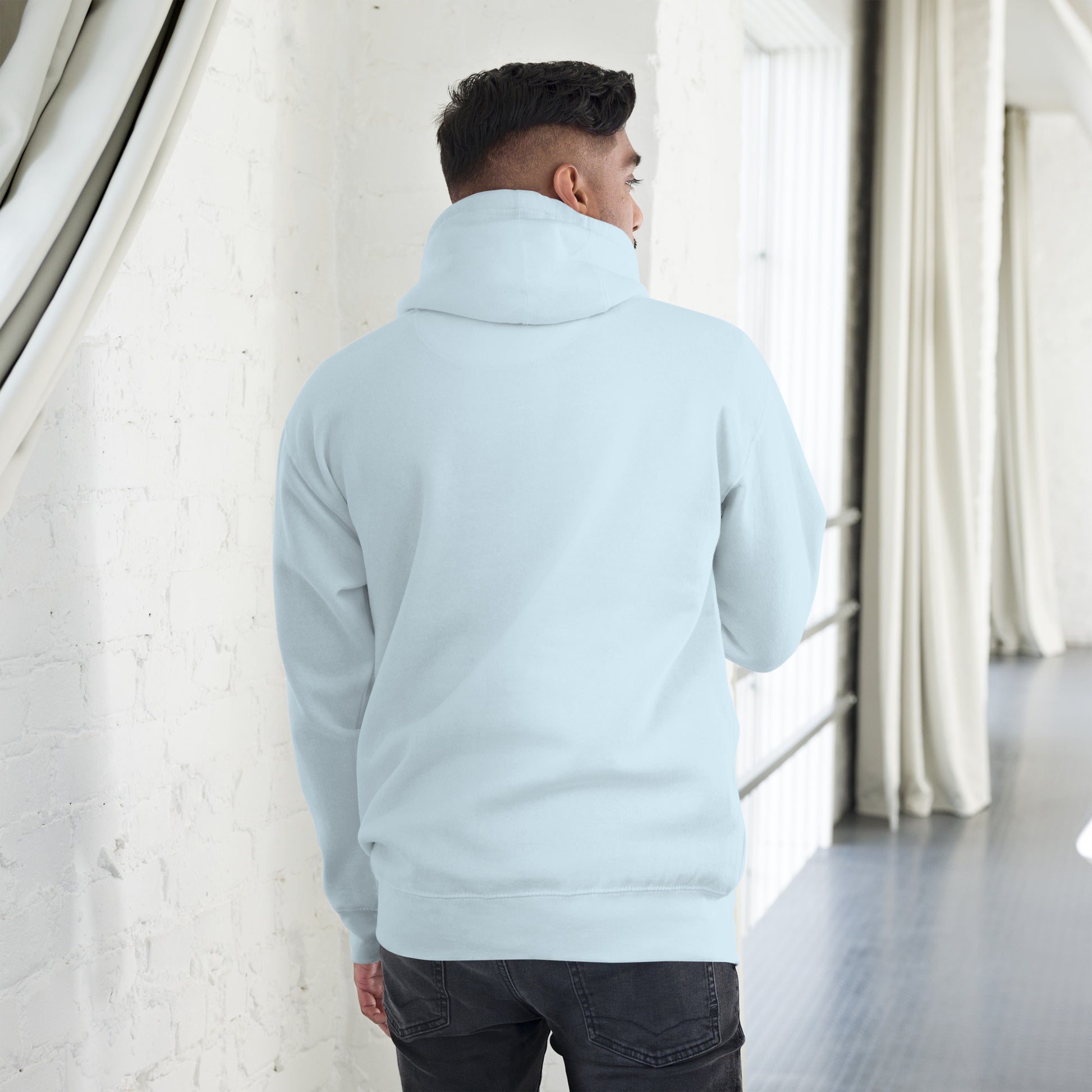 Unisex Good Vibes Cat Hoodie featuring a dabbing cat in hip-hop streetwear – premium graphic hoodie by Hipyfi Clothes & Design. sky-blue-back