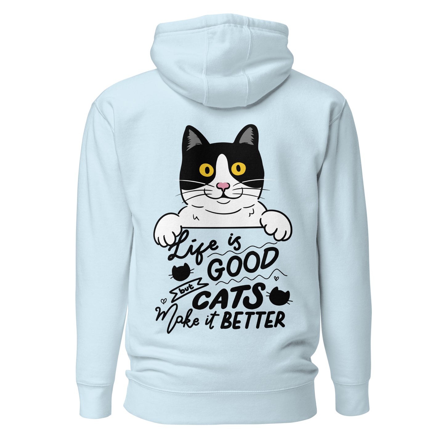 Unisex premium cat hoodie with cartoon black-and-white cat and “Life is Better With Cats” quote – Hipyfi Clothes & Design. sky-blue-back-2
