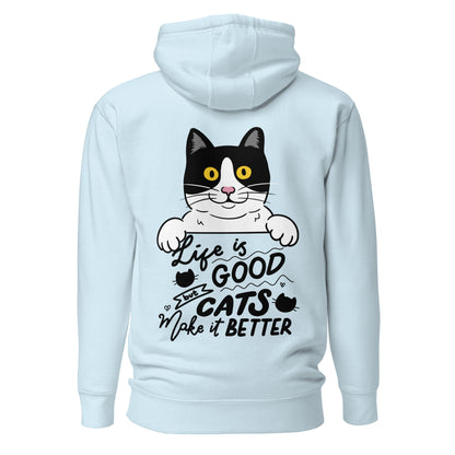Unisex premium cat hoodie with cartoon black-and-white cat and “Life is Better With Cats” quote – Hipyfi Clothes & Design. sky-blue-back-2
