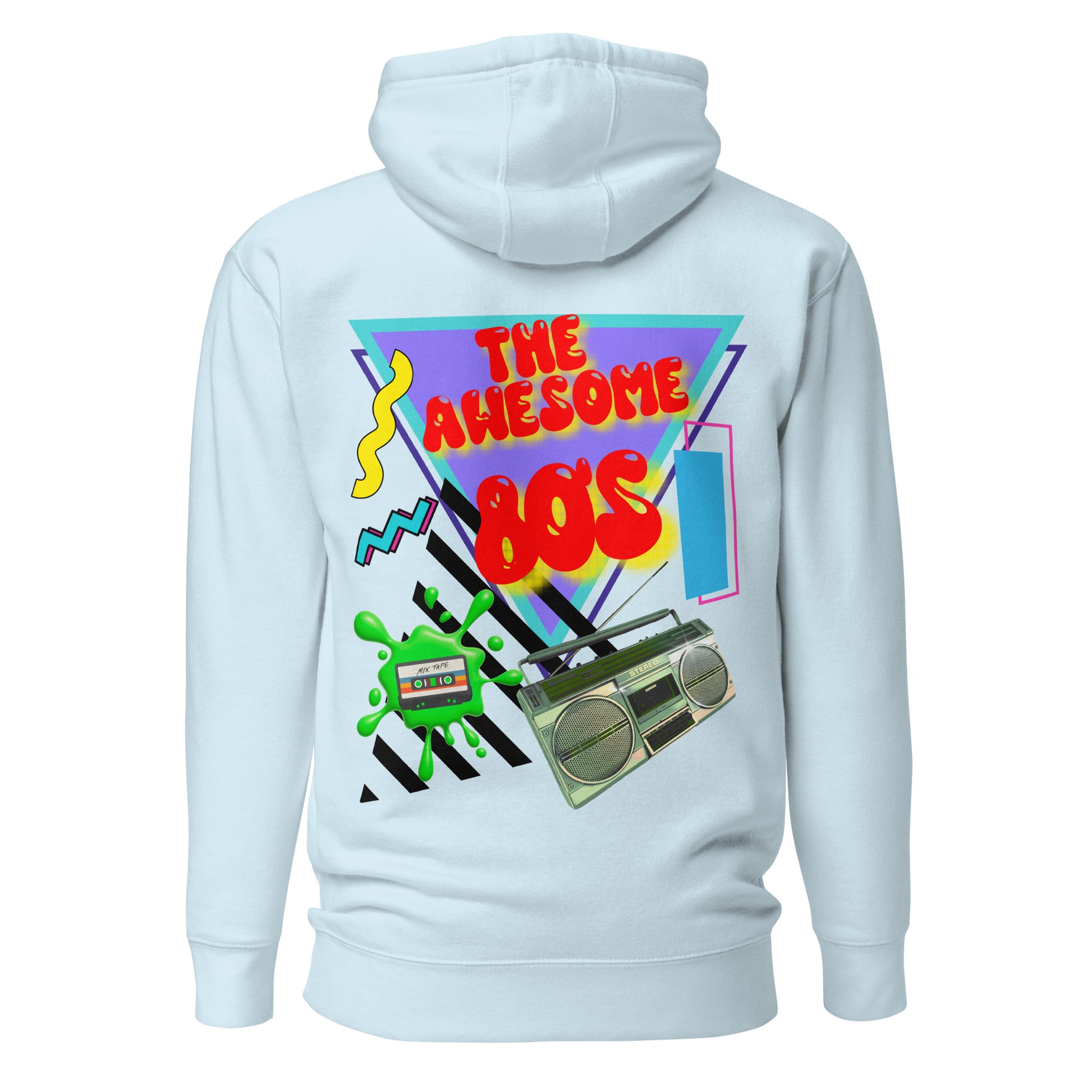 Hipyfi Premium 80s Neon Graphic Hoodie – Unisex Retro Pop Culture Design, Vibrant 80s-inspired geometric graphics. sky-blue-back-2