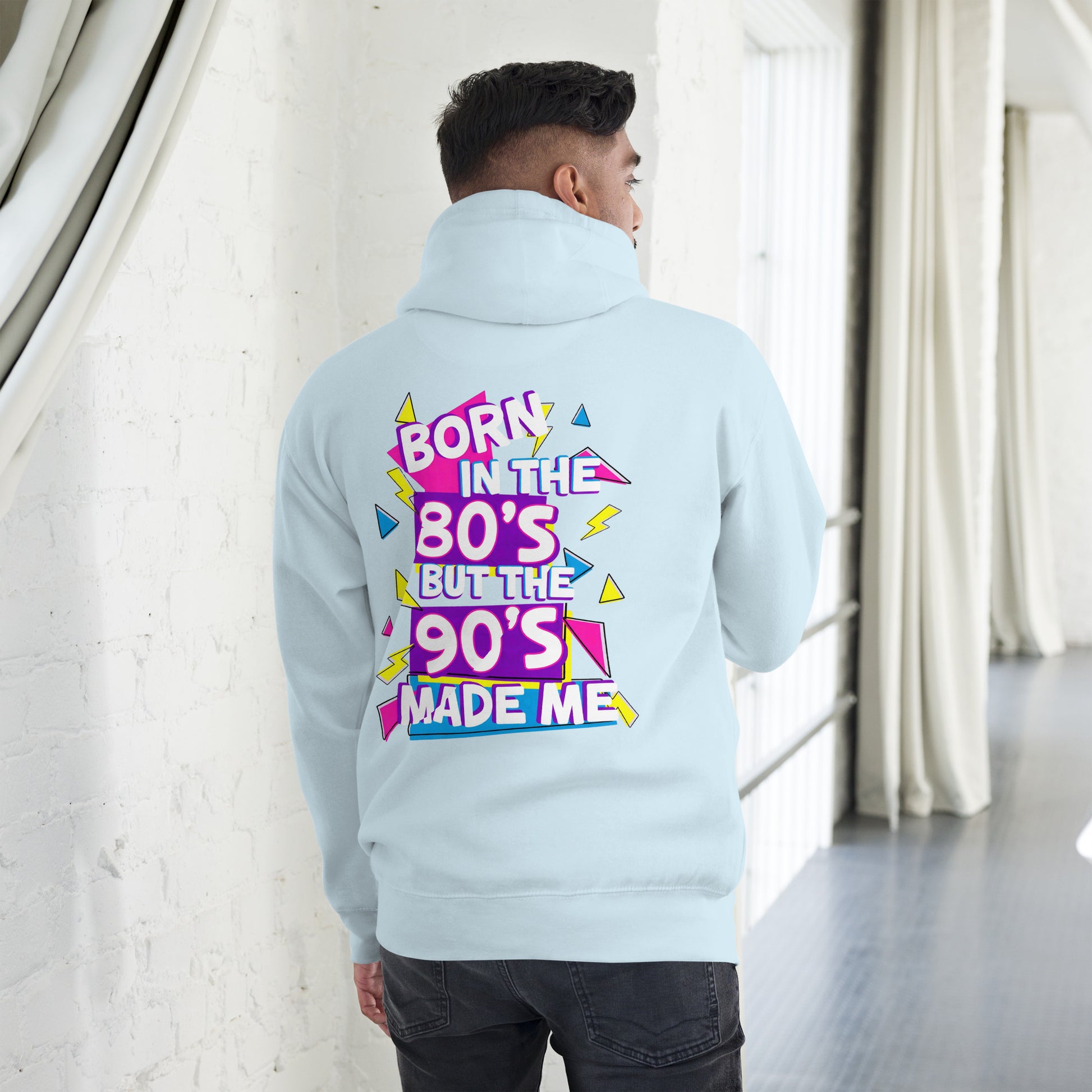 Unisex retro hoodie with bold 80s and 90s neon graphic design – Hipyfi streetwear. sky-blue-back