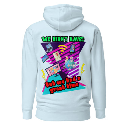 Unisex 80s retro hoodie with bold neon graphic and “Don’t Blame Me, The 80s Made Me” text – Hipyfi streetwear style. sky-blue-back-2