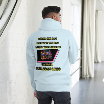 Retro graphic unisex hoodie with 70s 80s 90s boombox design by Hipyfi – vintage streetwear style. sky-blue-back