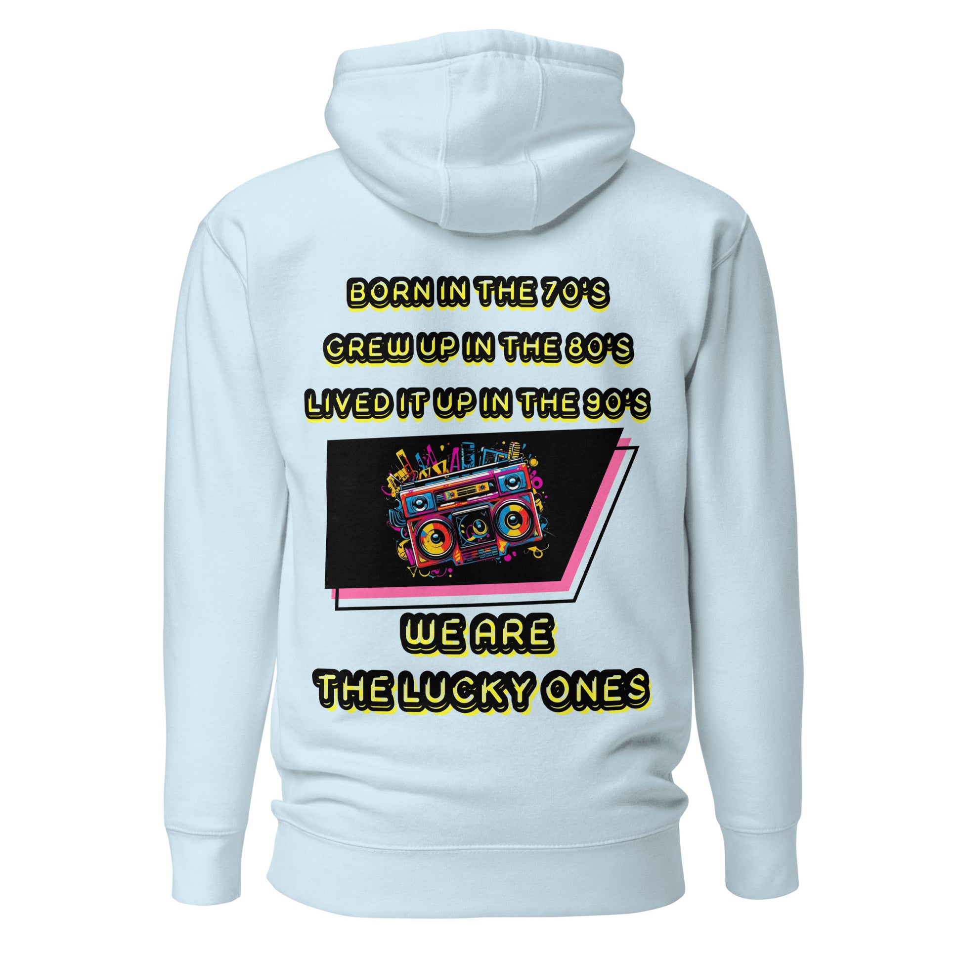 Retro graphic unisex hoodie with 70s 80s 90s boombox design by Hipyfi – vintage streetwear style. sky-blue-back-2