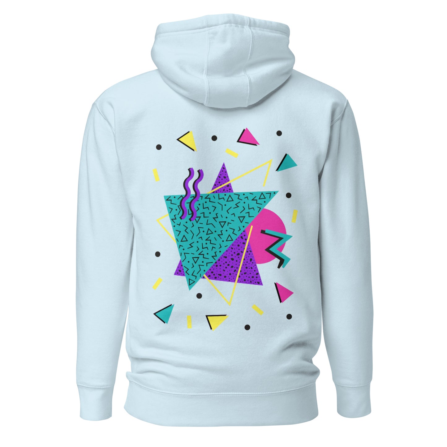 Retro Pop Memphis Hoodie with colorful geometric abstract design – unisex streetwear by Hipyfi Clothes & Design. sky-blue-back-2