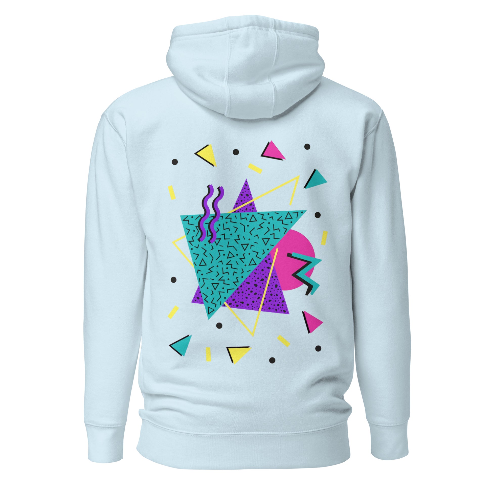 Retro Pop Memphis Hoodie with colorful geometric abstract design – unisex streetwear by Hipyfi Clothes & Design. sky-blue-back-2