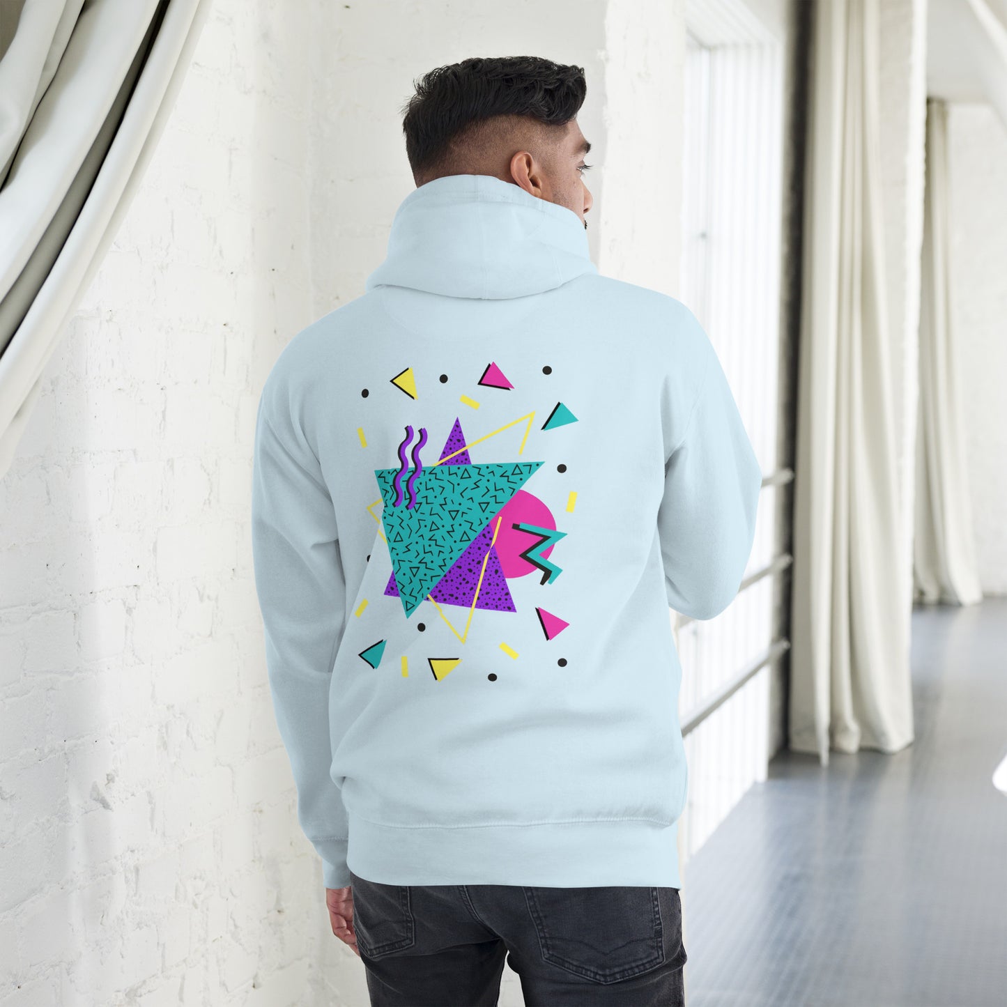 Retro Pop Memphis Hoodie with colorful geometric abstract design – unisex streetwear by Hipyfi Clothes & Design. sky-blue-back