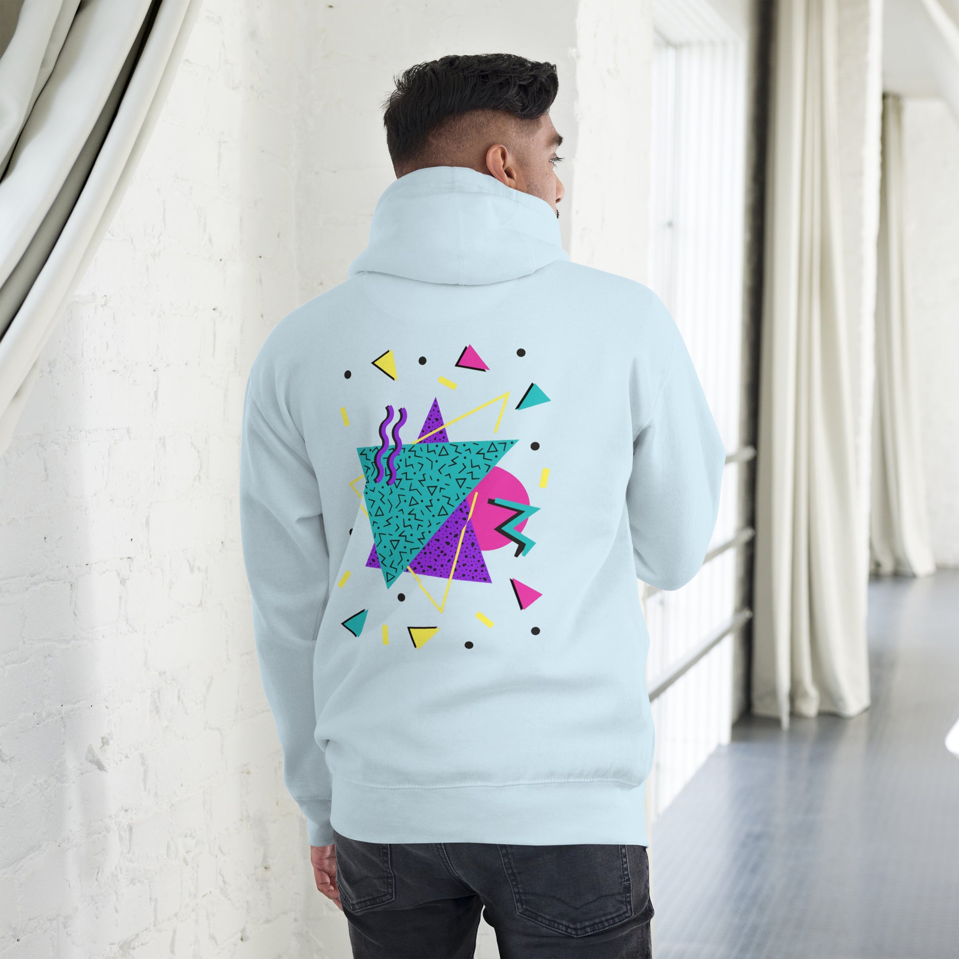 Retro Pop Memphis Hoodie with colorful geometric abstract design – unisex streetwear by Hipyfi Clothes & Design. sky-blue-back