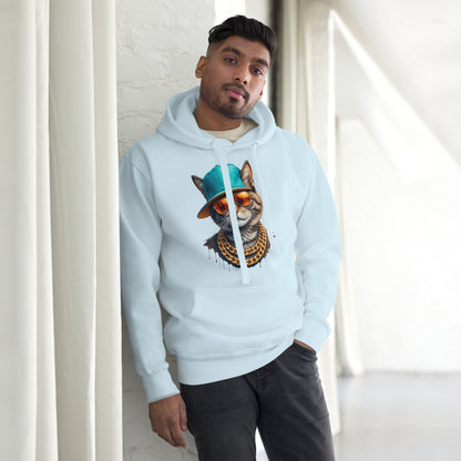 Unisex streetwear hoodie with urban cat graphic, teal cap, gold chains, and graffiti-style design – Hipyfi Clothes & Design. sky-blue-front
