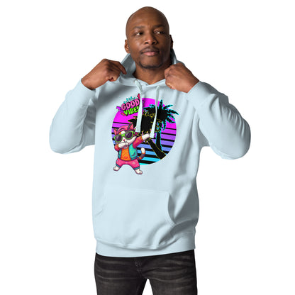 Unisex retro neon graphic hoodie with dabbing cat and Good Vibes text – Hipyfi streetwear. sky-blue-front