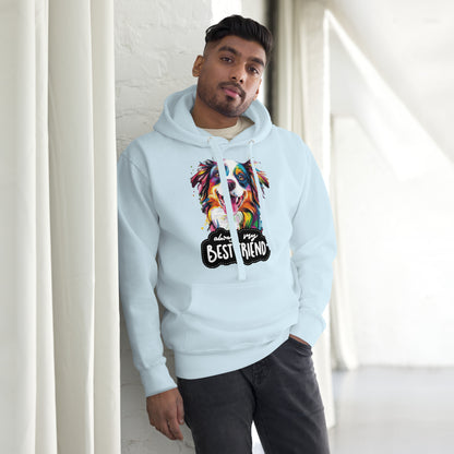Colorful pop art dog hoodie with 'Always My Best Friend' design – unisex streetwear by Hipyfi. sky-blue-front