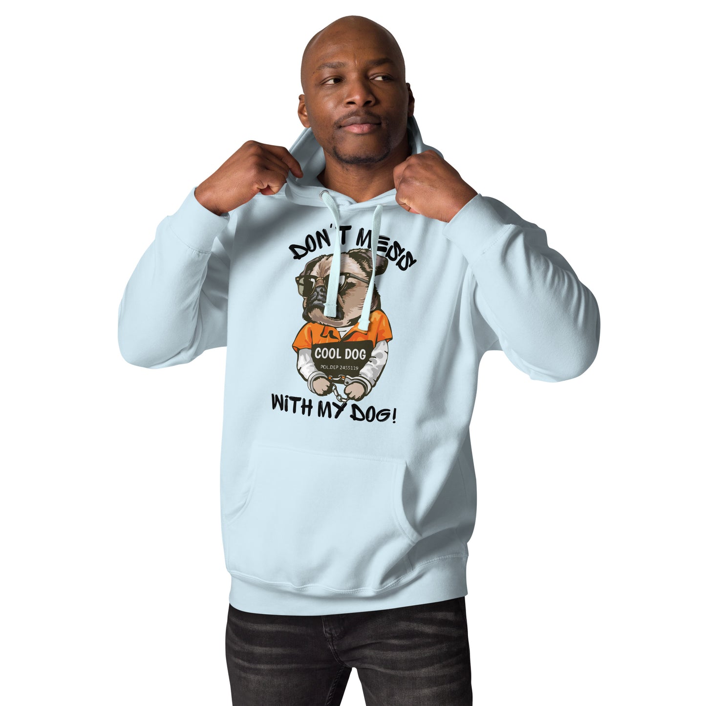 Funny pug mugshot graphic on unisex streetwear hoodie – Cool Dog design by Hipyfi Clothes & Design. sky-blue-front