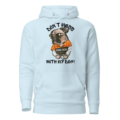 Funny pug mugshot graphic on unisex streetwear hoodie – Cool Dog design by Hipyfi Clothes & Design. sky-blue-front-2