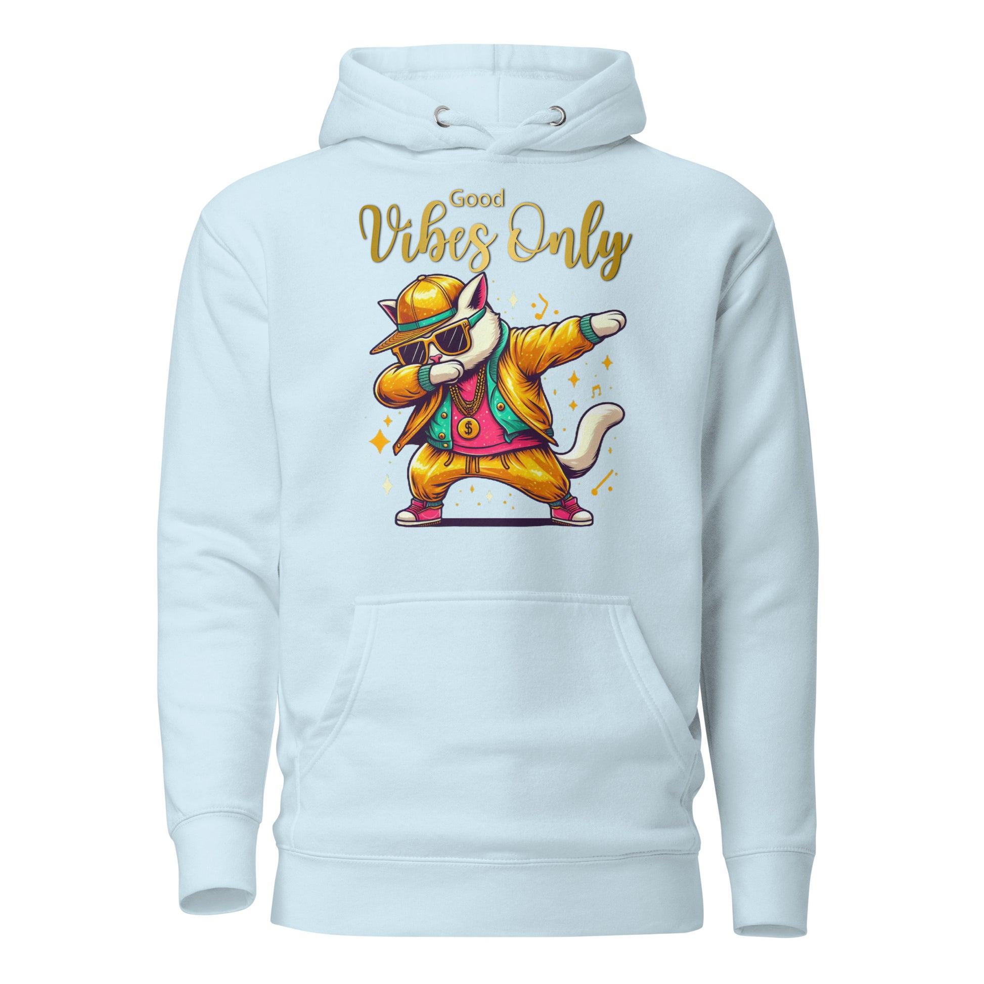 Unisex Good Vibes Cat Hoodie featuring a dabbing cat in hip-hop streetwear – premium graphic hoodie by Hipyfi Clothes & Design. sky-blue-front-2