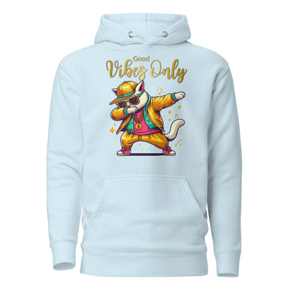 Unisex Good Vibes Cat Hoodie featuring a dabbing cat in hip-hop streetwear – premium graphic hoodie by Hipyfi Clothes & Design. sky-blue-front-2