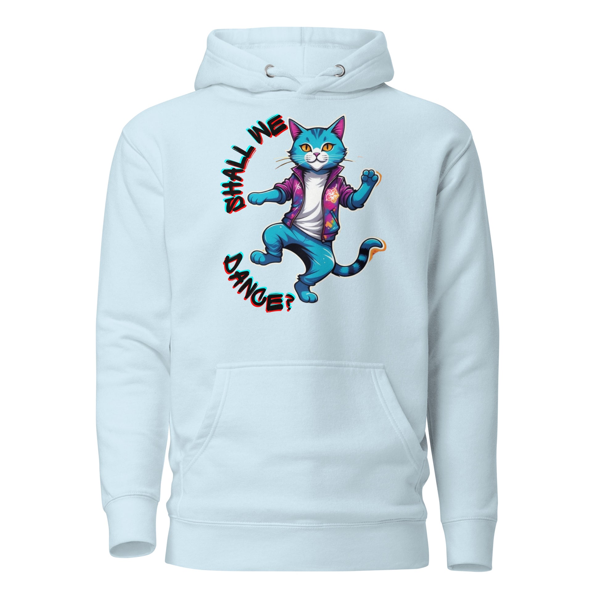 Hipyfi Unisex Premium Hoodie with Vibrant Dance Cat Graphic - Streetwear Style, Soft Cotton Blend, Front Pouch Pocket and Cozy Hood. sky-blue-front-2