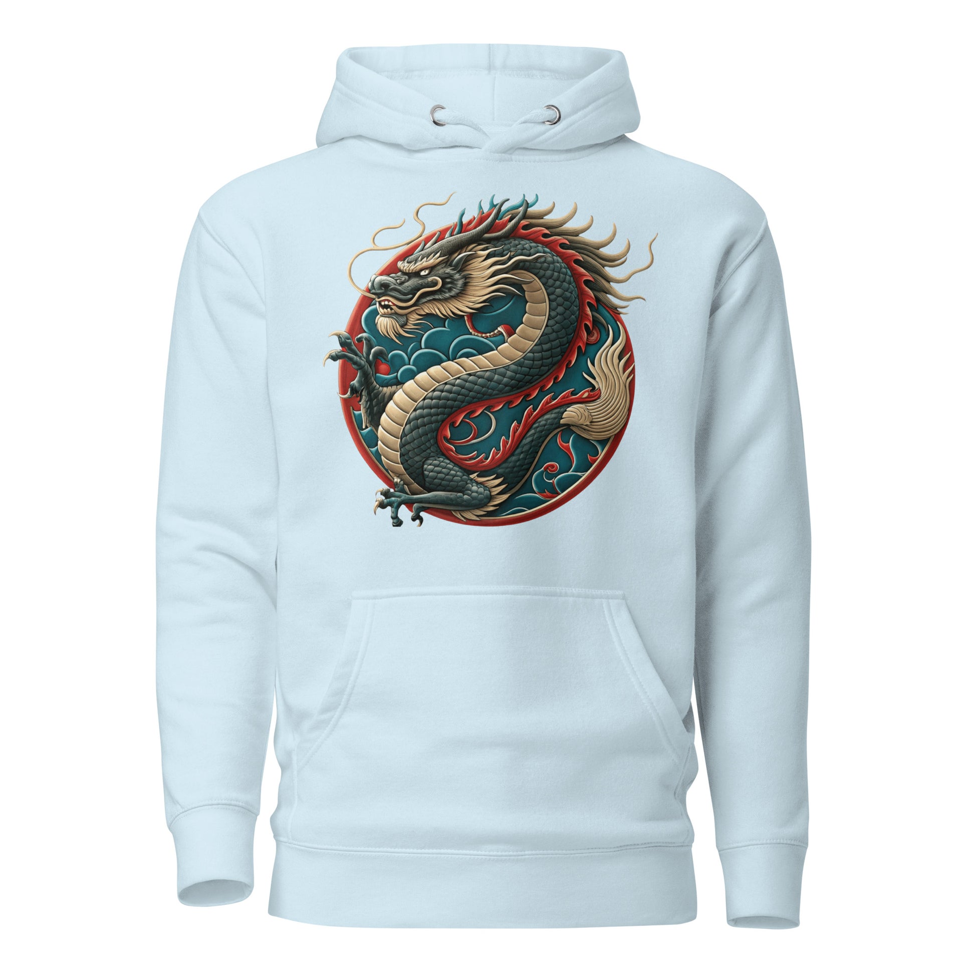 Unisex premium hoodie with Chinese dragon design – streetwear graphic by Hipyfi Clothes & Design. sky-blue-front-2