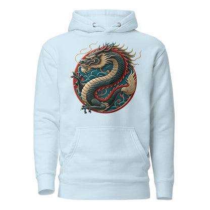 Unisex premium hoodie with Chinese dragon design – streetwear graphic by Hipyfi Clothes & Design. sky-blue-front-2