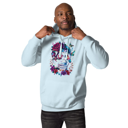 Unisex Skull & Roses Hoodie with Colorful Floral and Butterfly Graphic – Día de los Muertos Streetwear by Hipyfi Clothes & Design. sky-blue-front