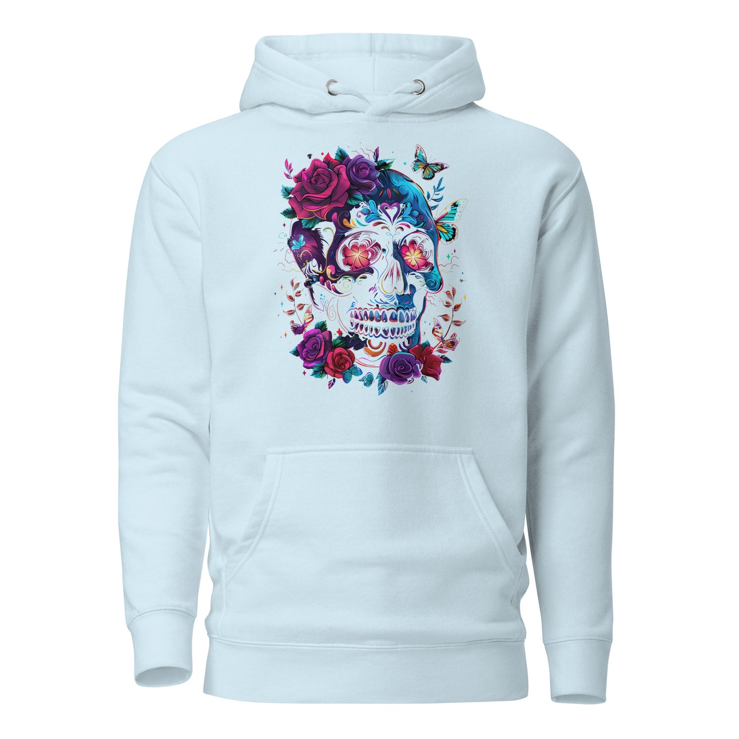 Unisex Skull & Roses Hoodie with Colorful Floral and Butterfly Graphic – Día de los Muertos Streetwear by Hipyfi Clothes & Design. sky-blue-front-2