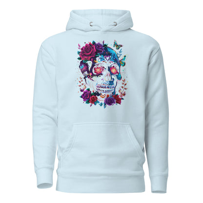 Unisex Skull & Roses Hoodie with Colorful Floral and Butterfly Graphic – Día de los Muertos Streetwear by Hipyfi Clothes & Design. sky-blue-front-2