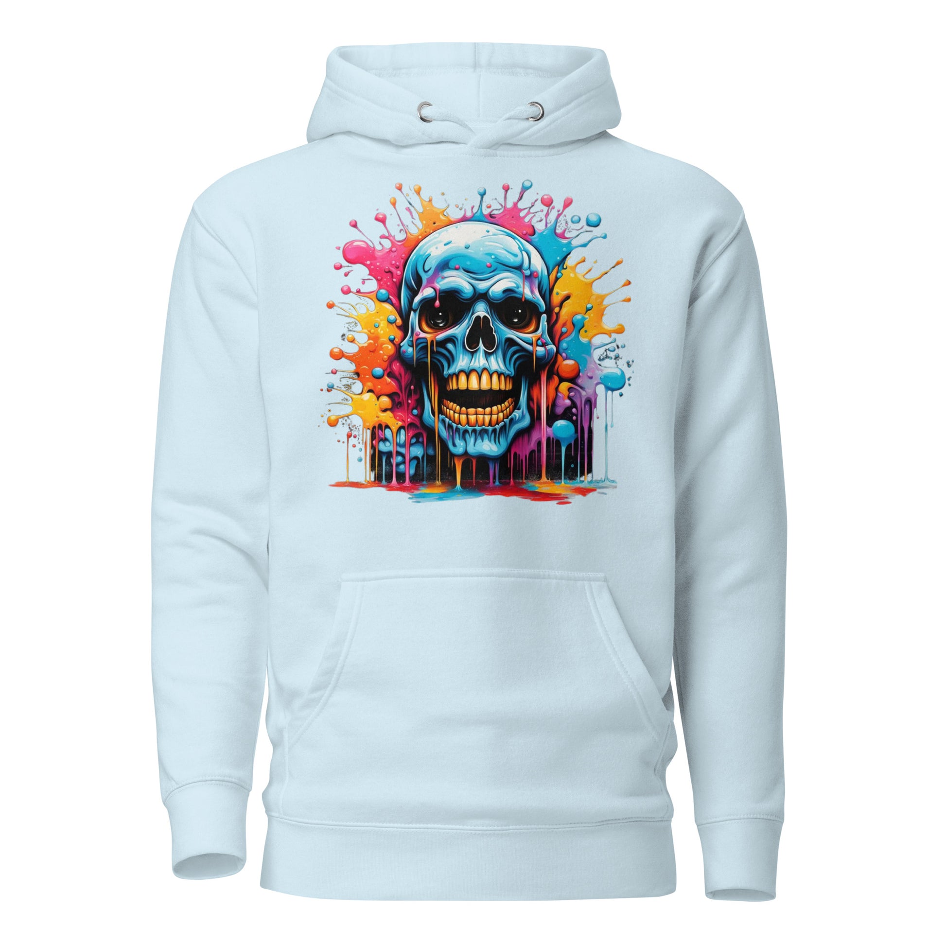 Blue Skull Splash Unisex Streetwear Hoodie by Hipyfi – Digital Art and Graffiti Style. sky-blue-front-2