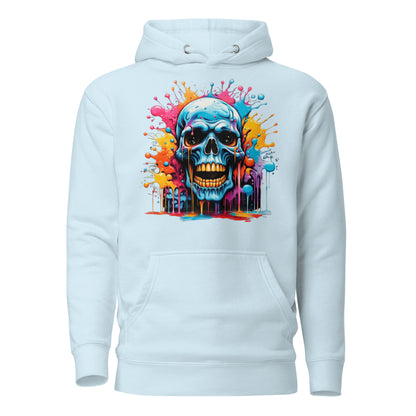 Blue Skull Splash Unisex Streetwear Hoodie by Hipyfi – Digital Art and Graffiti Style. sky-blue-front-2