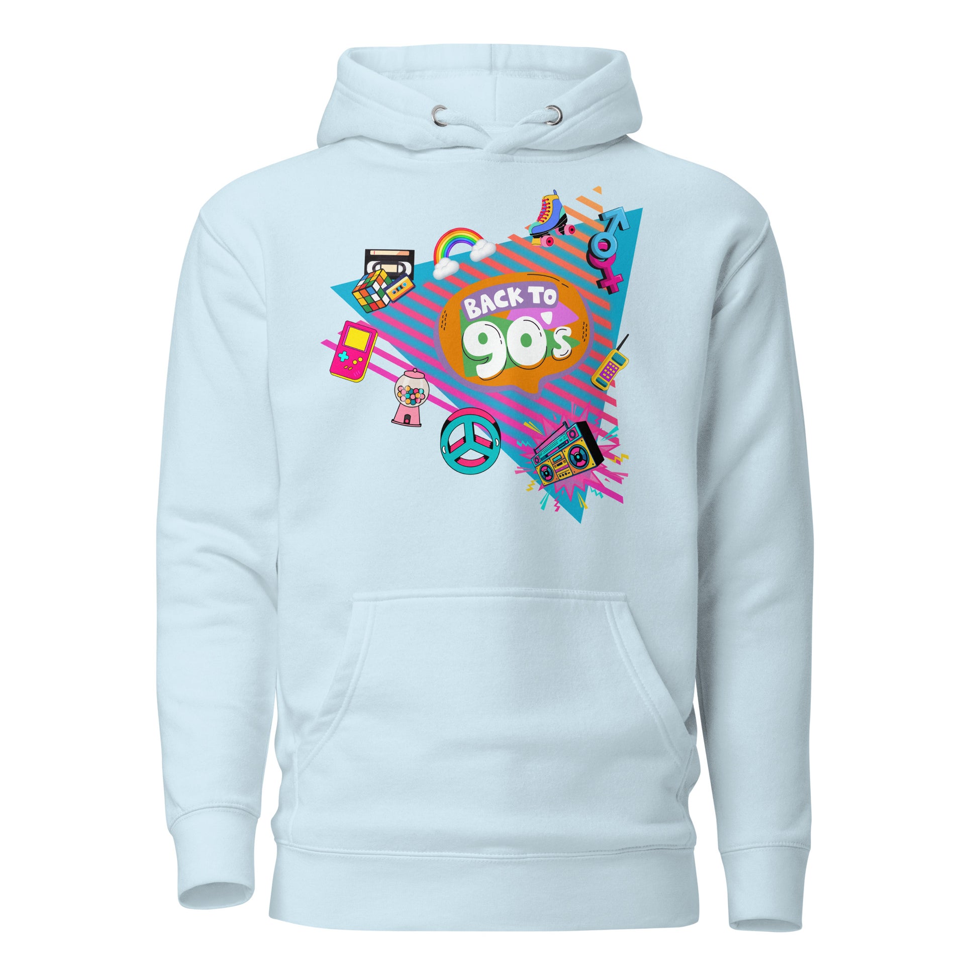 Back to 90s retro unisex graphic hoodie with colorful vintage design – Hipyfi Clothes & Design. sky-blue-front-2