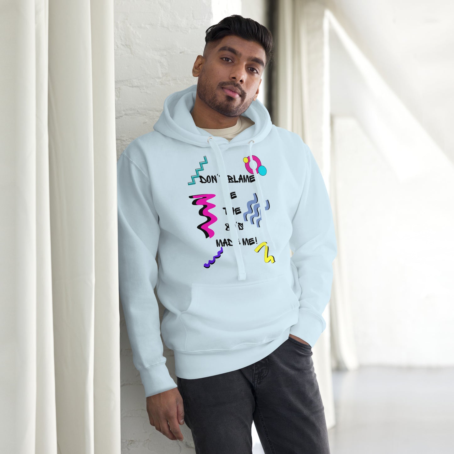 Retro 80s unisex graphic hoodie with colorful abstract design – Don’t Blame Me slogan by Hipyfi Clothes & Design. sky-blue-front
