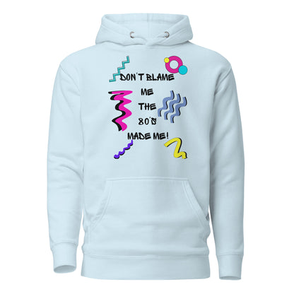 Retro 80s unisex graphic hoodie with colorful abstract design – Don’t Blame Me slogan by Hipyfi Clothes & Design. sky-blue-front-2