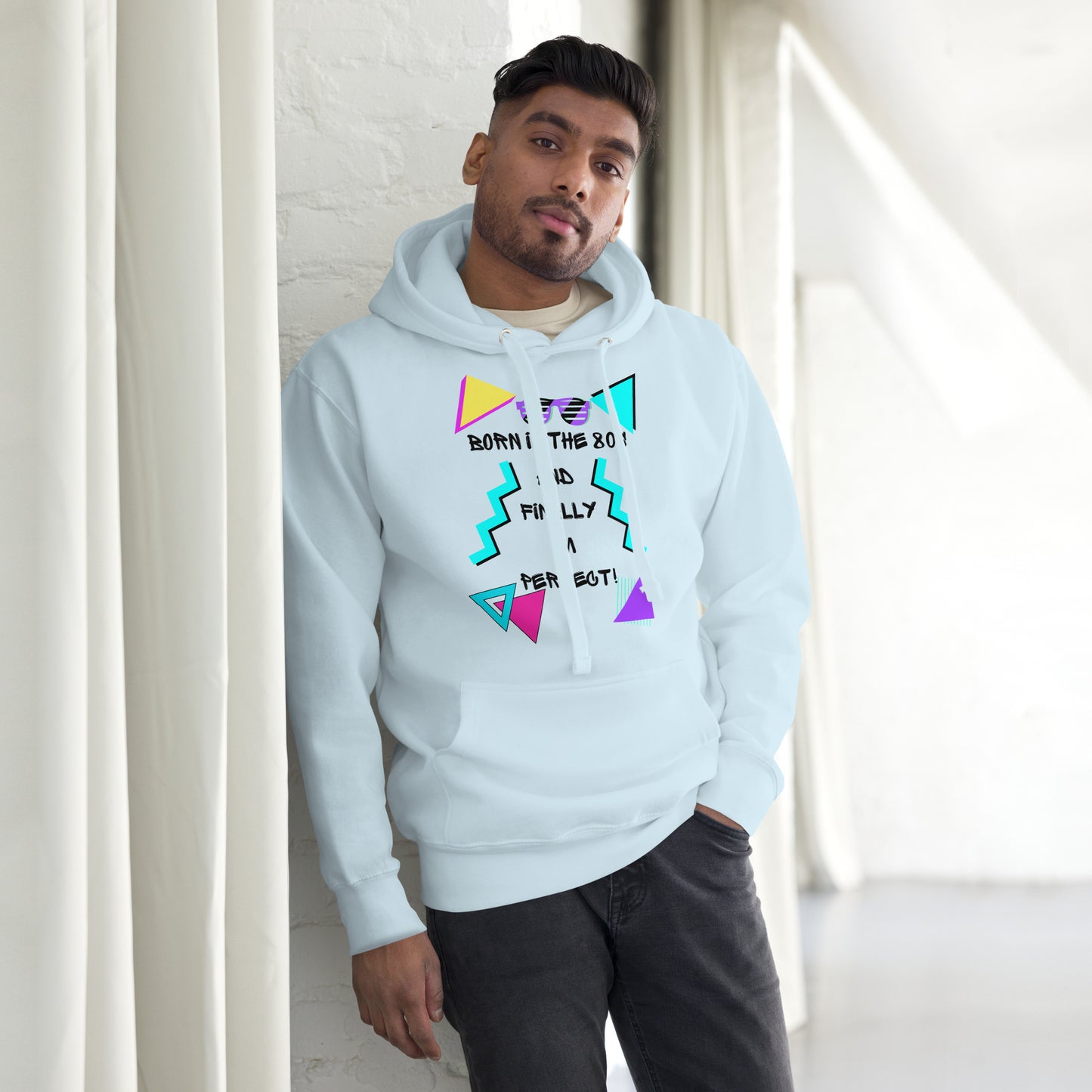 Hipyfi Premium 80s Neon Graphic Hoodie – Unisex Retro Pop Culture Design, Vibrant 80s-inspired geometric graphics. sky-blue-front