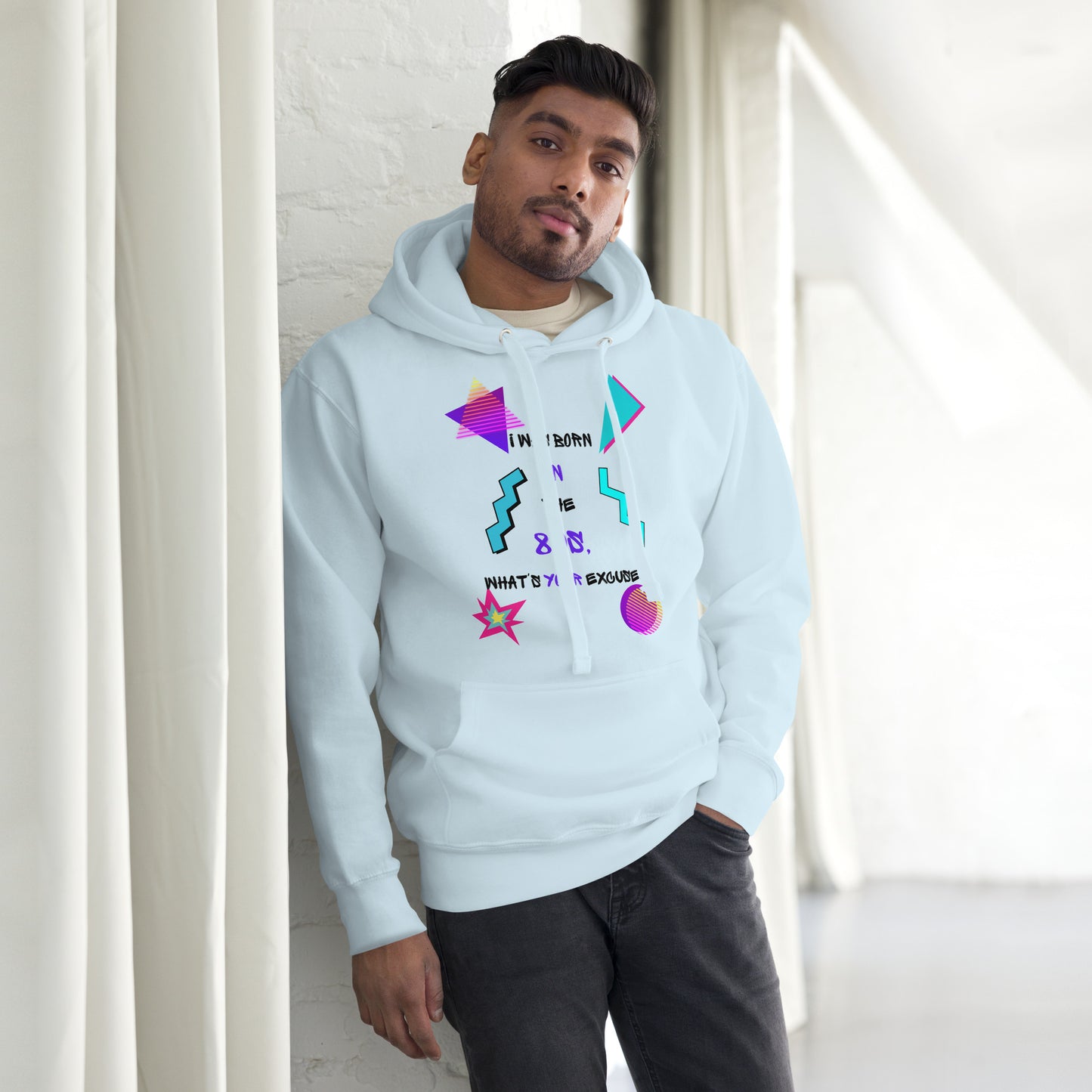 Unisex retro hoodie with bold 80s and 90s neon graphic design – Hipyfi streetwear. sky-blue-front