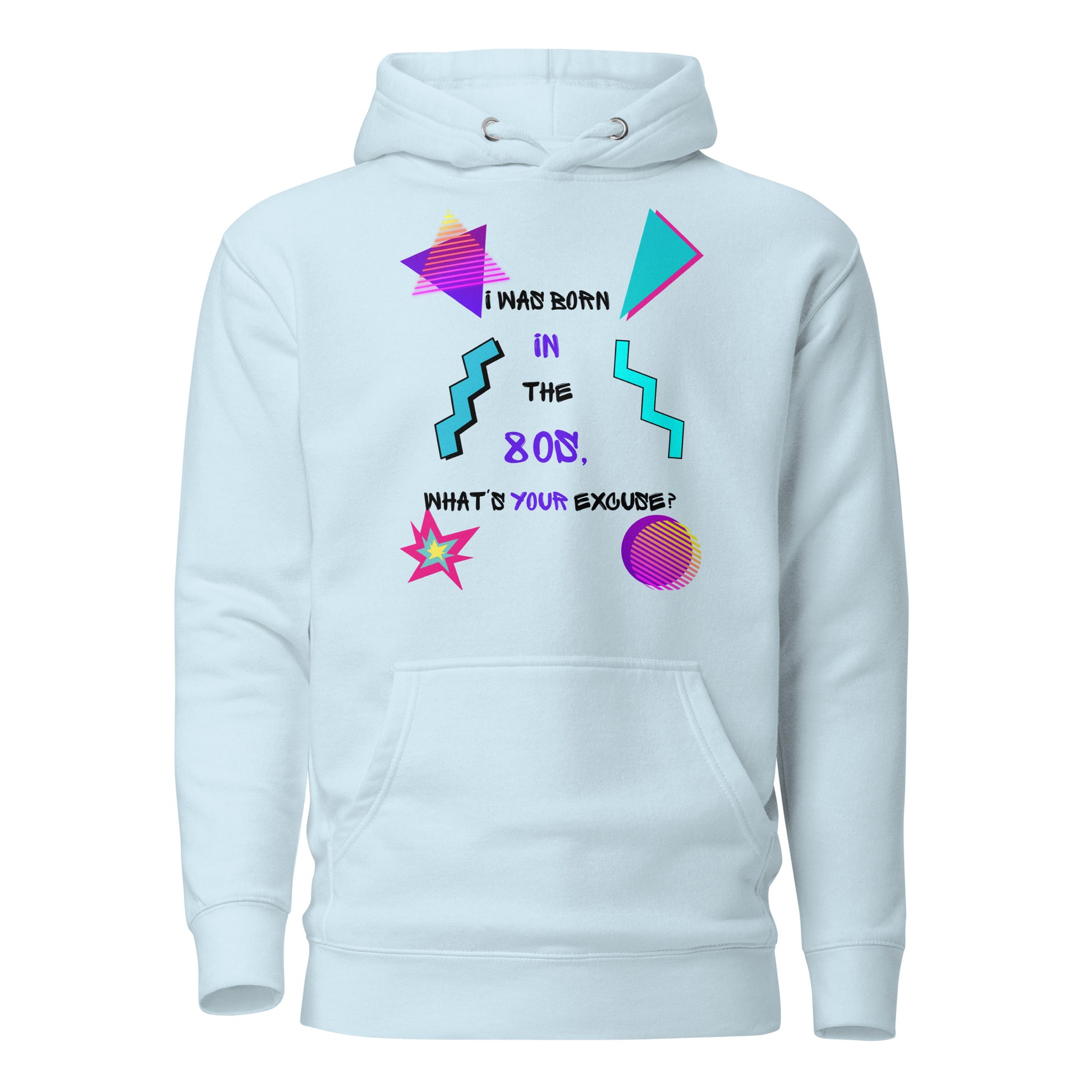 Unisex retro hoodie with bold 80s and 90s neon graphic design – Hipyfi streetwear. sky-blue-front-2